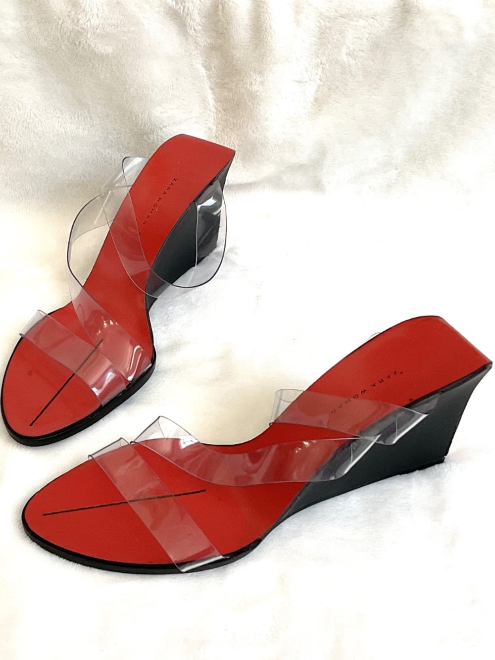 Red Zara Woman Clear Vinyl Strap Wedge Sandals Slip On Mules Size 39/8